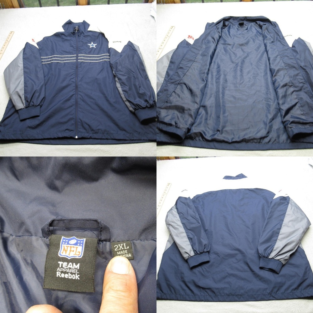 Dallas Cowboys Jacket Men 2XL Reebok NFL Navy Pockets Full Zip Windbreaker Rain